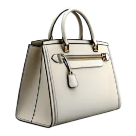 a white handbag with a metal handle