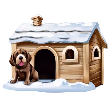 a brown dog sitting in front of a wooden doghouse
