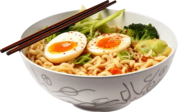 a bowl of noodles with eggs and vegetables