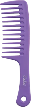 a purple comb with white letters on it