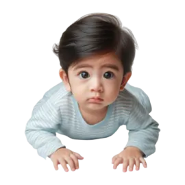 a baby is looking up at the camera