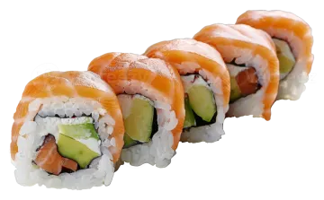 a roll of salmon and avoca on a white background