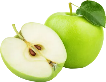 a green apple with a half cut in half