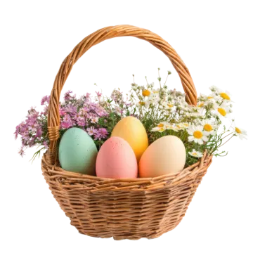 a basket filled with easter eggs and flowers