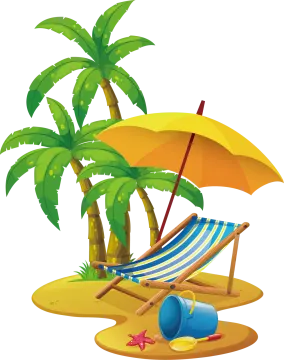 a beach chair with an umbrella and palm trees
