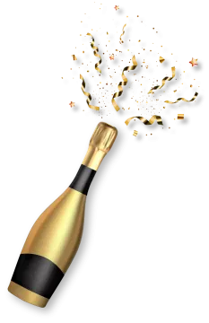 a bottle of champagne with gold confe