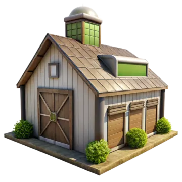 a small wooden barn with a green roof