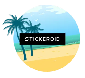 a beach scene with palm trees and the word sticko