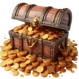 a wooden chest filled with gold coins