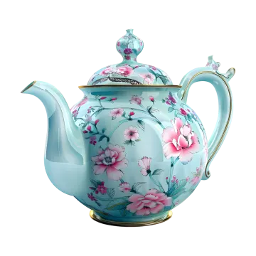 a blue teapot with pink flowers on it