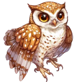 a brown and white owl with yellow eyes