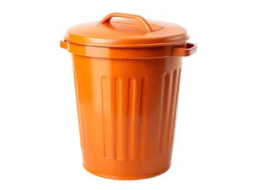 an orange trash can with a lid