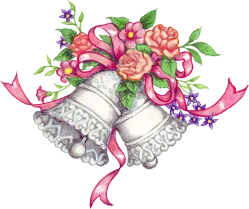 a pair of bells with flowers and ribbons