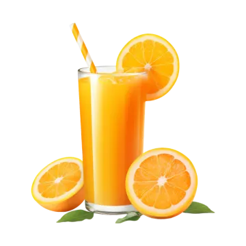 a glass of orange juice next to sliced oranges