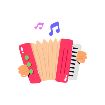 a hand holding an accordion with music notes