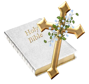 an open bible with a cross and flowers on it