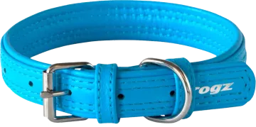 a blue leather dog collar with a metal buckle