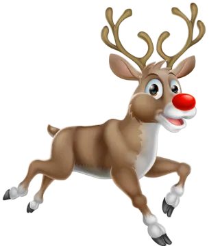a cartoon reindeer running with a red nose