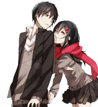 two anime characters, one is hugging and the other is standing