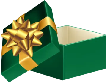 a green gift box with a gold bow