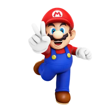 a cartoon character in a red hat and blue pants