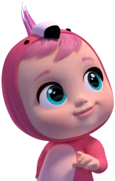 a cartoon character with pink hair and blue eyes