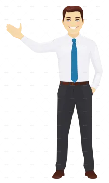 a man in a white shirt and blue tie pointing at something