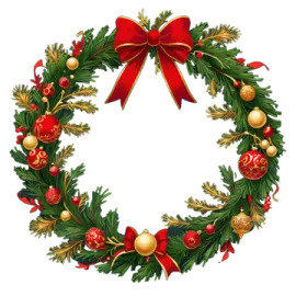 a christmas wreath with red and gold decorations