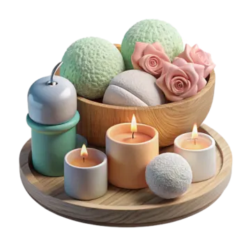 a wooden bowl filled with candles and flowers