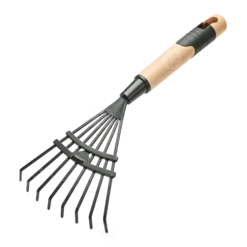 a black rake with wooden handle on a white background