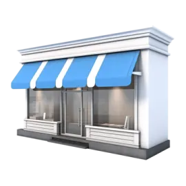 a small store with blue awnings on the front