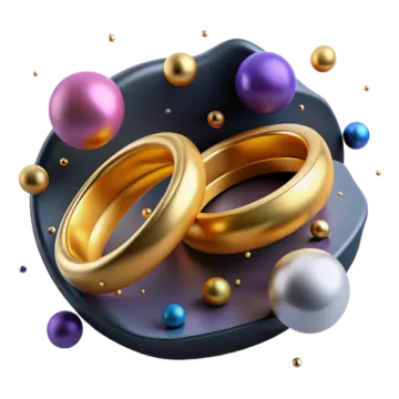 two gold wedding rings surrounded by colorful balls