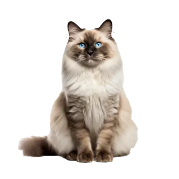 a cat with blue eyes sitting on a white surface
