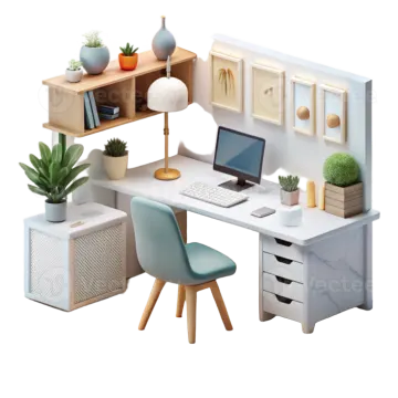 a desk with a computer and some plants on it