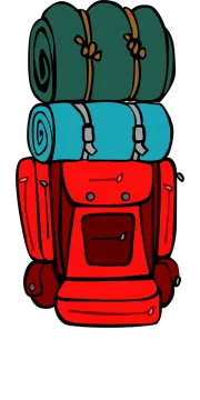 a red backpack with several bags on top