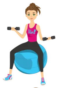 a woman sitting on an exercise ball with dumbs