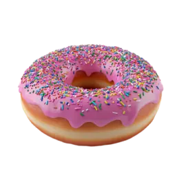 a donut with pink frosting and sprinng