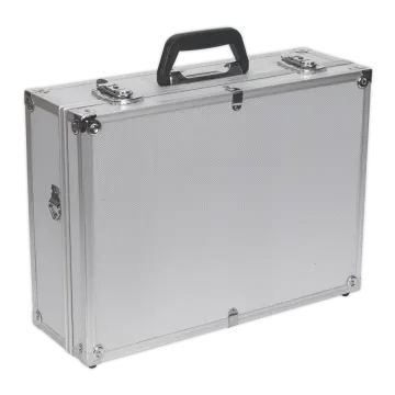 a silver aluminum briefcase with black handle
