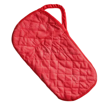 a red oven mit on a white background