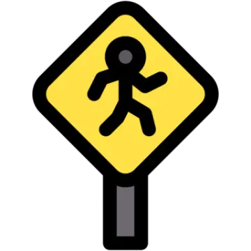 a yellow pedestrian sign with a black and white image