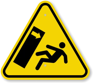 a yellow and black triangular sign with a man falling off