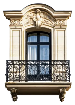 a balcony with an iron railing and window