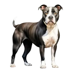 a black and white dog standing in front of a white background