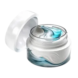 a white jar with blue swirl on it