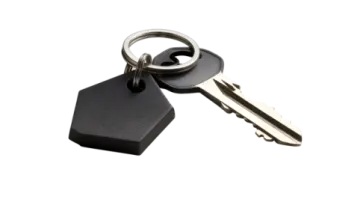 a black leather keychai with a metal ring