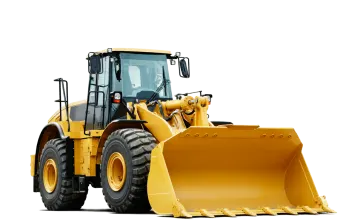 a yellow wheel loader on a white background