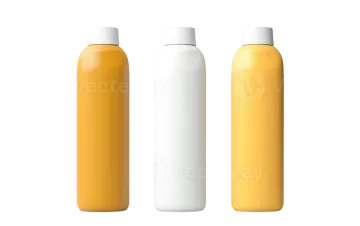 three yellow and white plastic bottles with a white cap