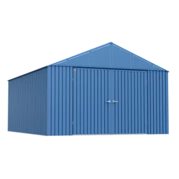 a blue metal shed on a white background