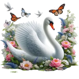 a white swan surrounded by flowers and butterflies