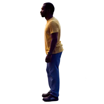 a man in a yellow shirt and blue pants